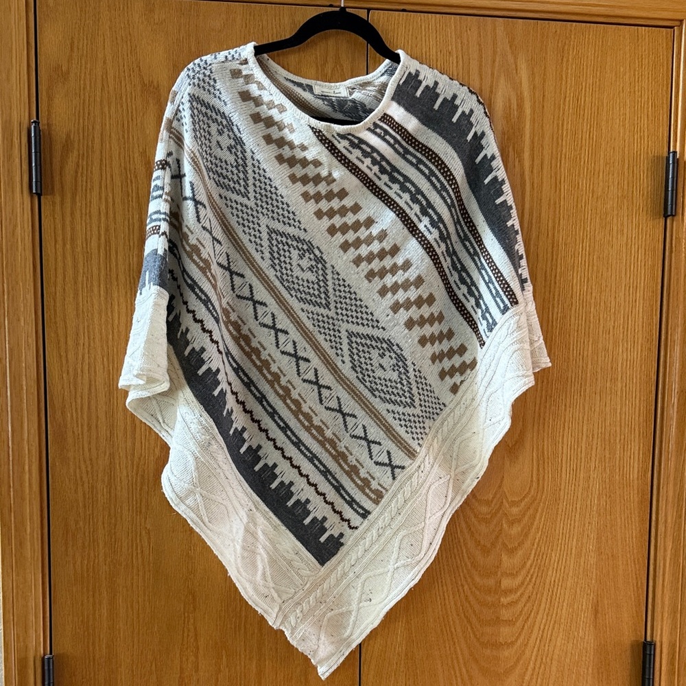 Grace & Lace Neutral Patterned Knit Poncho with Geometric Stripes